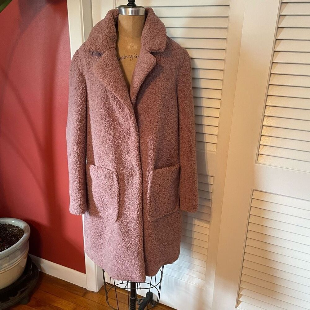 FRENCH CONNECTION | pale pink faux shearling teddy lapel midi coat M